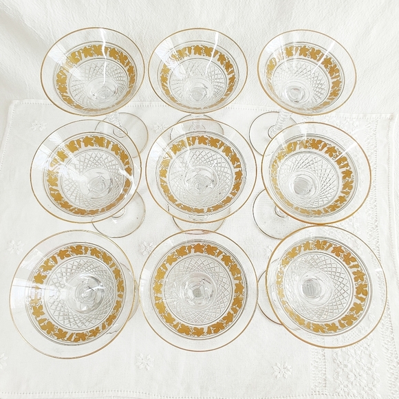 Val St Lambert Cut Crystal Martini Glass Stemware, Set of 9, Gold Gilt Grapevine - Picture 5 of 14